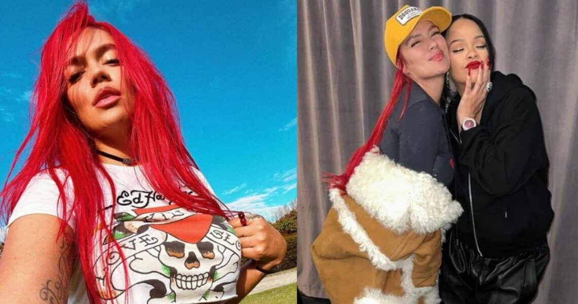 Karol G se declaró fan de Rihanna, la abrazó y la puso a hablar en español